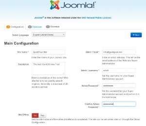 Install Joomla: Insert Site Name, Description and Administrator Settings
