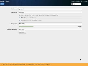 Install CentOS 7 - User Settings (user creation)